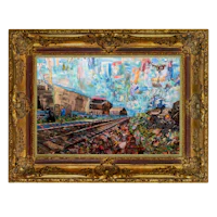a painting of a train in a gold frame