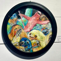 a painting of a group of sloths in a round frame
