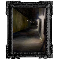 a painting of a dark hallway in a black frame