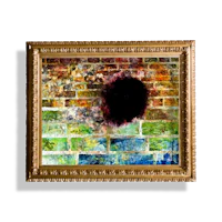 a framed painting of a hole in a brick wall