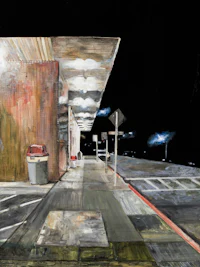 a painting of a gas station at night