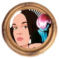 a picture of a woman with pink hair in a gold frame