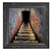 a painting of a staircase in a black frame
