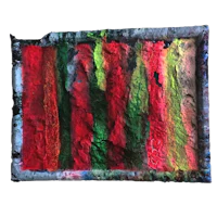 a red, green, and yellow painting on a black background