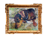 a painting of a dachshund in a gold frame