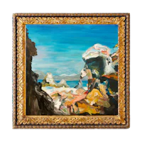 a gold framed painting of a beach scene