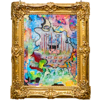 a colorful painting in a gold frame