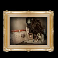 a framed picture of a woman with long hair in front of a fireplace