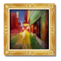 a painting of a street scene in a gold frame