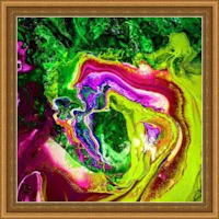 a colorful abstract painting in a gold frame