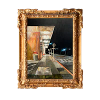a painting of a street scene in a gold frame