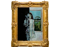 a painting of a woman looking out of a window