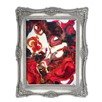 an abstract painting in an ornate frame on a black background