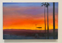 a painting of a sunset with palm trees in the background