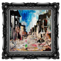a painting of a girl walking down a street