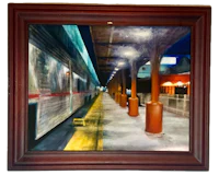 a painting of a train station in a wooden frame