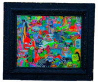 a colorful painting in a black frame