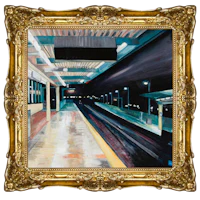 a painting of a train station in a gold frame