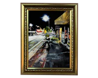 an oil painting of a street scene at night