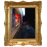a painting of a street scene in a gold frame