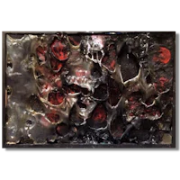 a black and red painting with skulls on it