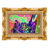 an abstract painting in a gold frame on a black background