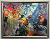an abstract painting in a silver frame
