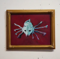 a painting of a dog on a red wall