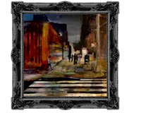 a painting of people walking down a street